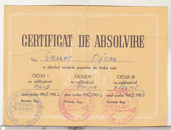 bnk div Certificat de absolvire ARLUS - limba rusa - 1951-1954