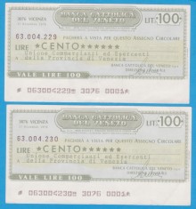 (1) 2 CEC-URI BANCARE ITALIENE- BANCA CATTOLICA DEL VENETO, 100 LIRE,CONSECUTIVE