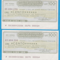 (1) 2 CEC-URI BANCARE ITALIENE- BANCA CATTOLICA DEL VENETO, 100 LIRE,CONSECUTIVE