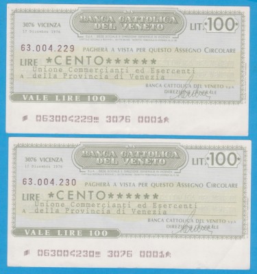 (1) 2 CEC-URI BANCARE ITALIENE- BANCA CATTOLICA DEL VENETO, 100 LIRE,CONSECUTIVE foto