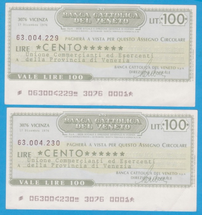 (1) 2 CEC-URI BANCARE ITALIENE- BANCA CATTOLICA DEL VENETO, 100 LIRE,CONSECUTIVE