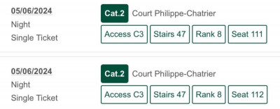 Roland Garros tickets (2) 05.06 Court Phillipe Chatrier Categoria 2 foto