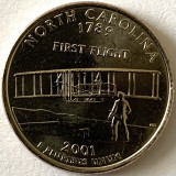 AMERICA QUARTER 1/4 DOLLAR 2001 LITERA D.(&quot;PRIMUL ZBOR&quot; - NORTH CAROLINA), BU