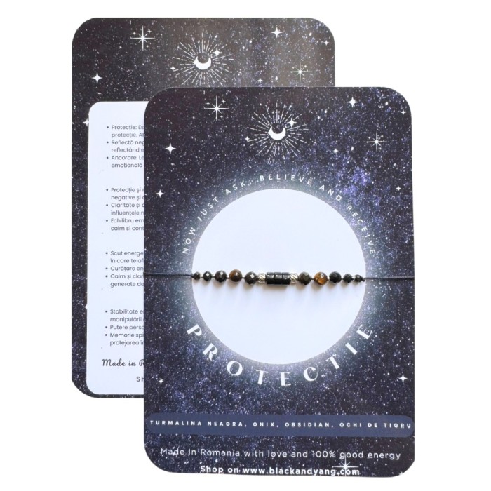Bratara energetica mix cristale pentru protectie - turmalina neagra, onix, obsidian, ochi de tigru - argintiu