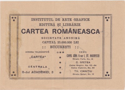 Cartea Romaneasca Institutul de arte grafice Nota interna Bucuresti 1921 foto