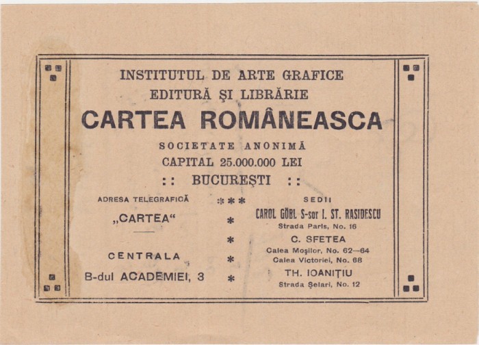 Cartea Romaneasca Institutul de arte grafice Nota interna Bucuresti 1921