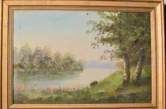 PVM - &quot;Peisaj cu Lac&quot; tablou vechi u/p nesemnat si nedatat / panza cu mici defecte (vezi descriere) / 45 cm x 30 cm (cu tot cu rama)