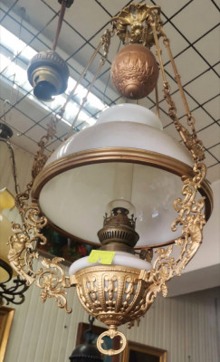 Spectaculos lampadar Baroc opalina petrol foarte veche din bronz masiv foto