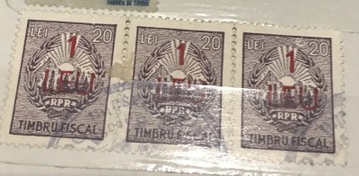 Timbre Romania Timbru Supratipar RPR ! leu Timbru Fiscal 20 lei foto