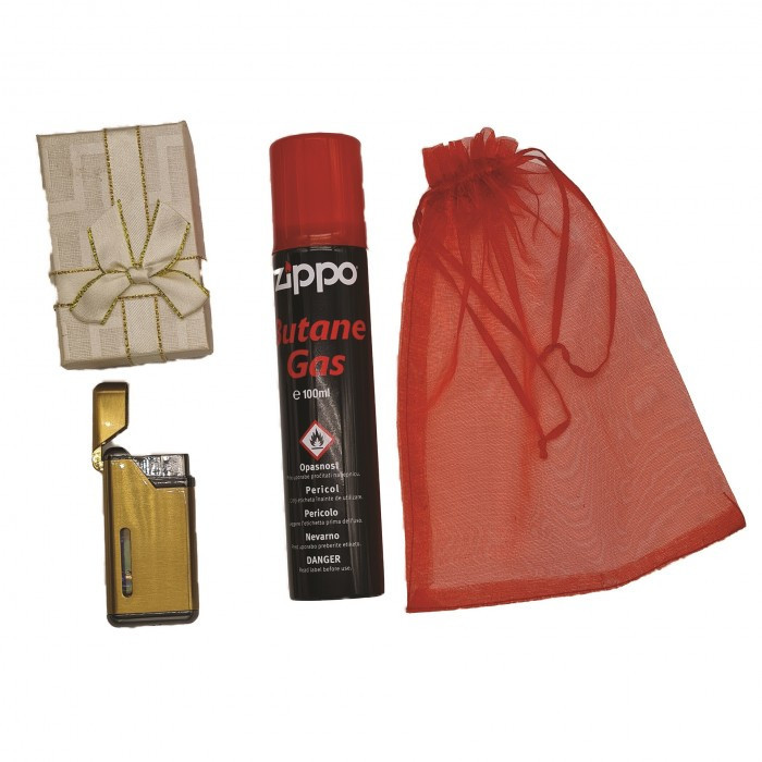 Set Bricheta anti-vant, metalica, aurie, cutie cadou, Gaz incarcare bricheta Zippo, 100 ml, saculet cadou, b5