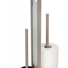 Suport hartie igienica si perie toaleta, Wenko, Rivalta, 18 x 23 x 70 cm, inox/sticla temperata/polipropilena, taupe