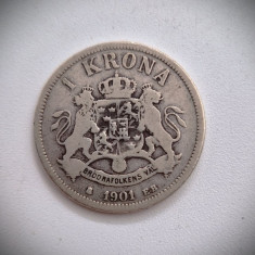 moneda argint SUEDIA 1 kroner 1901 _ km # 760 AG.800 _ tiraj mic rara