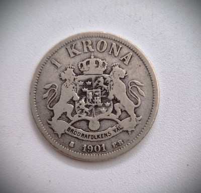 moneda argint SUEDIA 1 kroner 1901 _ km # 760 AG.800 _ tiraj mic rara foto