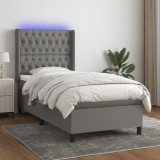 vidaXL Pat cu arcuri, saltea și LED, gri &icirc;nchis, 90x190 cm, textil