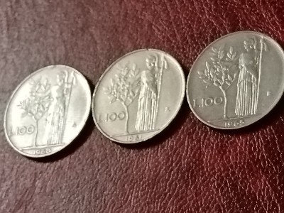 Lot 3 monede Italia: 100 lire 1960 + 1961 + 1965, stari aUNC / UNC [poze]. Discount conform descriere [10 - 20 %. Vezi descrierea.]. foto