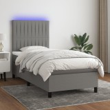vidaXL Pat cu arcuri, saltea și LED, gri &icirc;nchis, 90x200 cm, textil