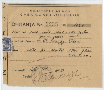 Romania, Ministerul Muncii, Casa Constructiilor, Chitanta, Bucuresti, 1940 foto