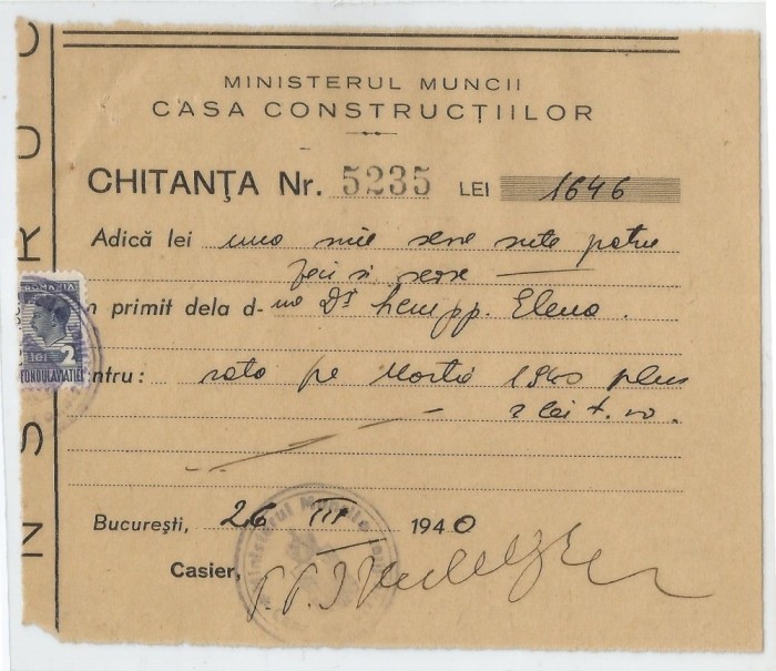Romania, Ministerul Muncii, Casa Constructiilor, Chitanta, Bucuresti, 1940