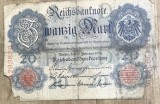BNKSTR03DE Bancnotă Veche Germania 20 Mark 1907 (Reichsbanknote), Perioada Imperială, Vulturul German, Colecție / Numismatică