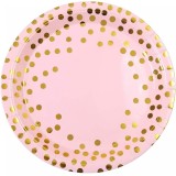 Set 10 farfurii unica folosinta, flippy, imprimeu cu buline, din carton, diametru 23 cm, roz/auriu