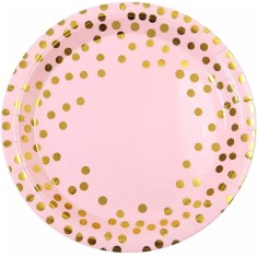 Set 10 Farfurii Unica Folosinta, Cyrax, Imprimeu cu Buline, din Carton, Diametru 23 cm, Roz/Auriu