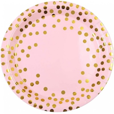 Set 10 farfurii unica folosinta, flippy, imprimeu cu buline, din carton, diametru 23 cm, roz/auriu foto