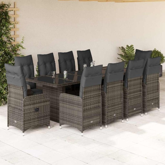 vidaXL Set bistro de grădină cu perne, 11 piese, gri, poliratan 3277282