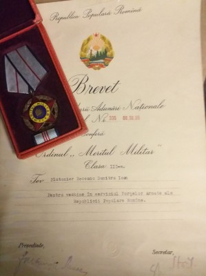 AMS# - ORDINUL MERITUL MILITAR RPR CL.III, 1959, piesa, cutie, bareta, brevet foto