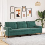 Gossi canapea cu 3 locuri cu pernute, verde inchis, 210 cm, catifea