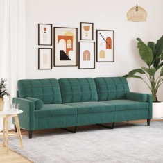 vidaXL Canapea cu 3 locuri cu pernuțe, verde &icirc;nchis, 210 cm, catifea