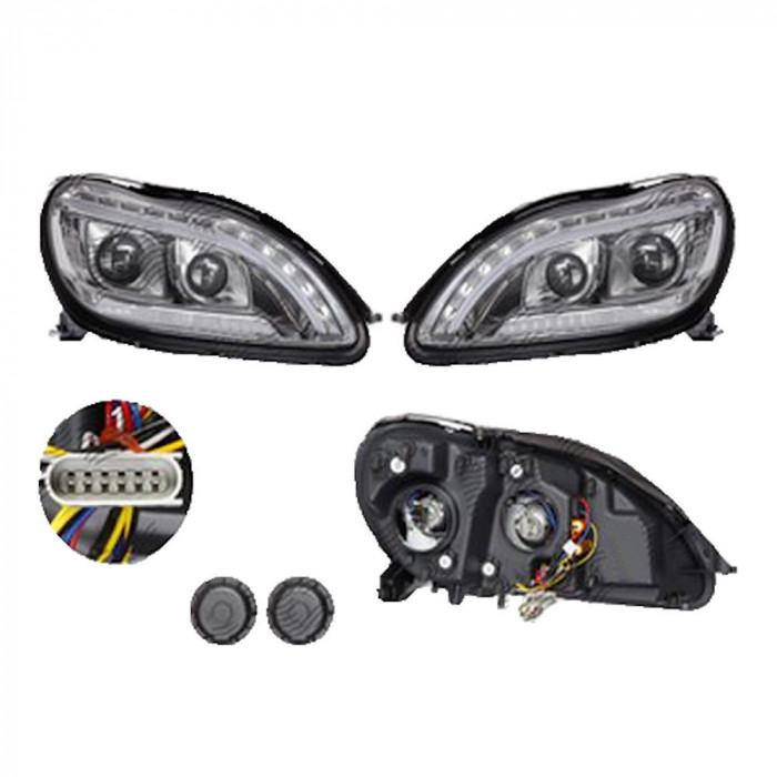 Set faruri Mercedes Clasa S (W220) 10.1998-2002, partea Stanga+Dreapta, Tuning, Fata, cu lentile; cu indicator led; cu lumina timp de zi tip LED; cu