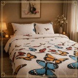 Set lenjerie pat Cocolino 4 piese pufoasa, crem, model fluturi, material fleece, dimensiuni 230x230 cm