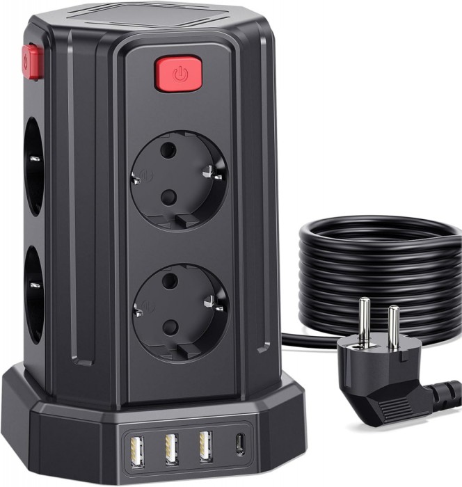 Prelungitor turn Sameriver, 8 prize, 4xUSB, protecție supratensiune, 3m, 2500W