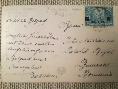 CP 1922 Belgrad - București, către I. Michăiescu, Palatul Regal. Buc., Rom&amp;acirc;nia foto