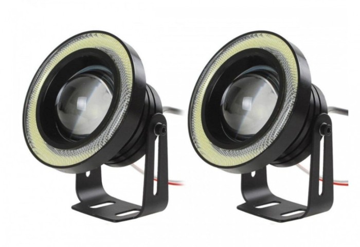 Set 2 Proiectoare LED AutoREY&reg;, cu Lupa RGB si Angel Eyes 76mm diametru, Culoare 6000k Alb pentru Auto, Moto, ATV, 12V