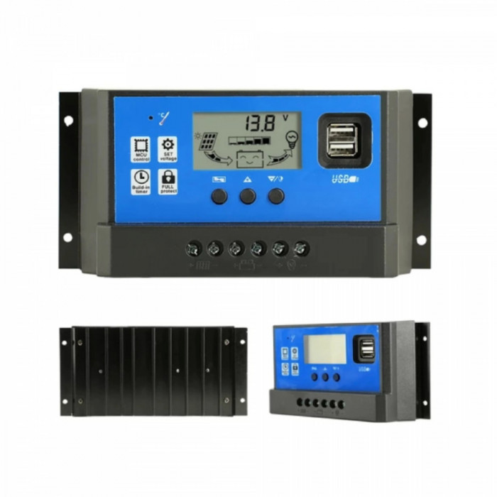 Controler solar 12V/24V, 60A, cu afisaj LCD si doua porturi USB radiator