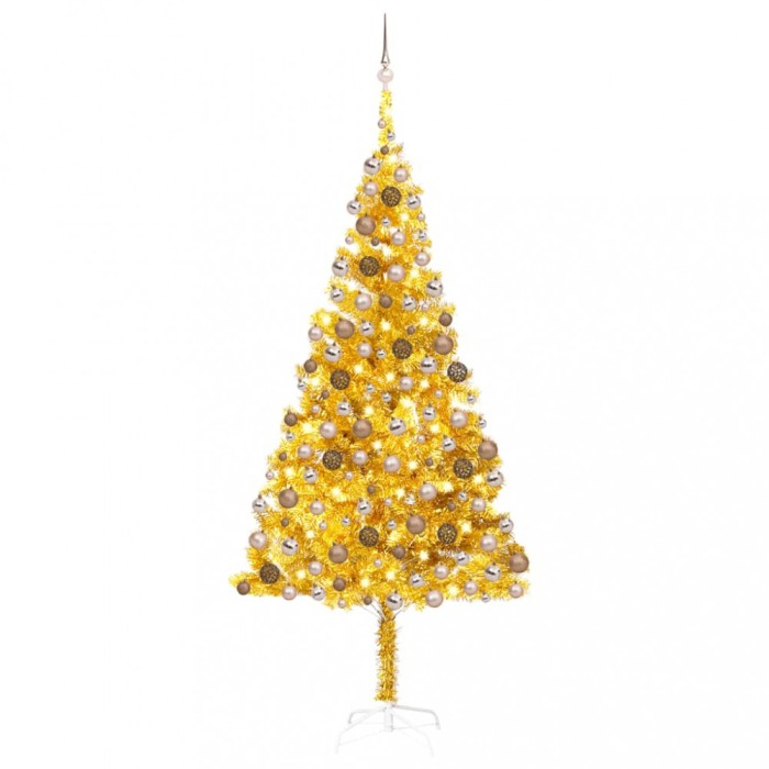 Brad de Crăciun pre-iluminat cu set globuri, auriu, 240 cm, PET
