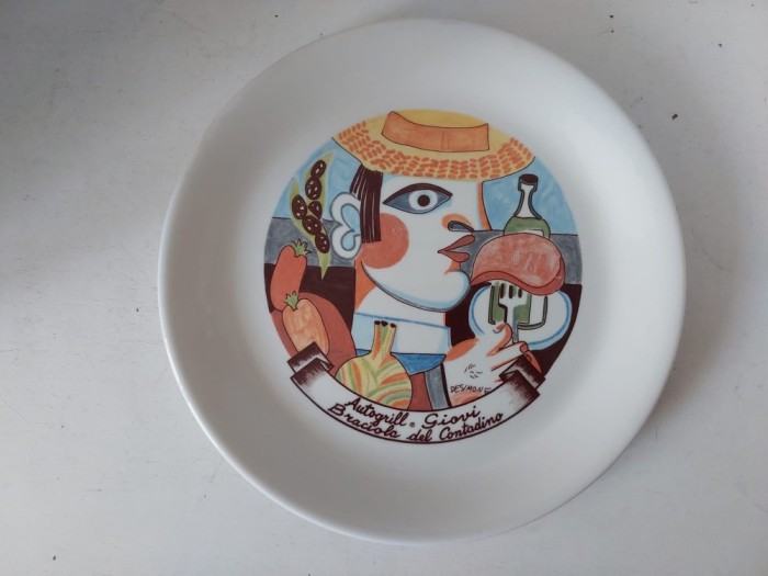 Farfurie decorativă vintage de colecție, ceramică, design Giovanni De Simone, produsă de Ceraminter pentru Autogrill, anii &rsquo;80, Made in Italy, 25cm