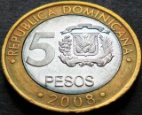 Cumpara ieftin Moneda exotica - bimetal 5 PESOS - REPUBLICA DOMINICANA, anul 2008 * cod 4733, America Centrala si de Sud