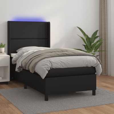 vidaXL Pat cu arcuri, saltea și LED, negru, 80x200 cm, piele ecologică 3139289 foto