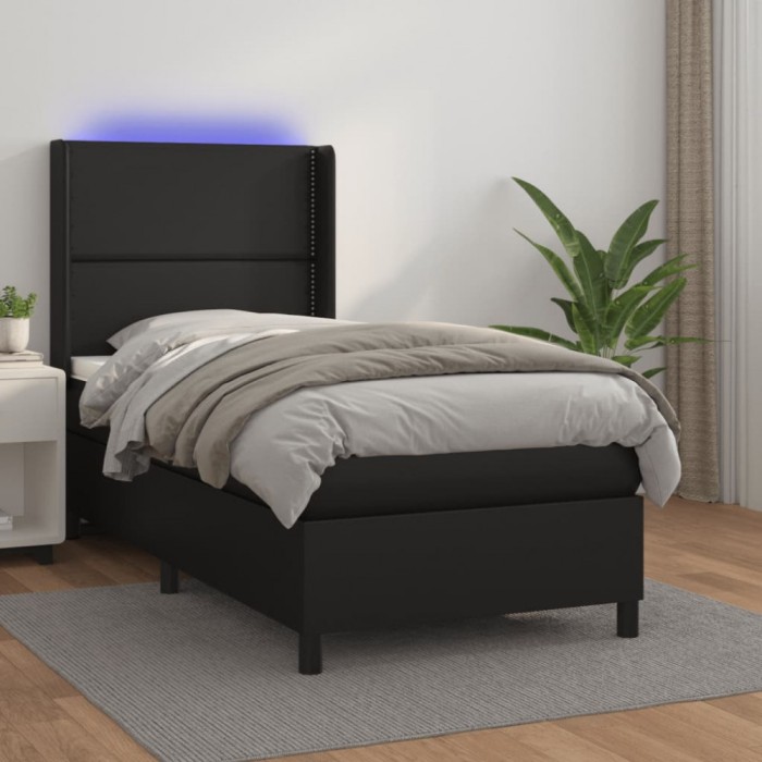 vidaXL Pat cu arcuri, saltea și LED, negru, 80x200 cm, piele ecologică 3139289