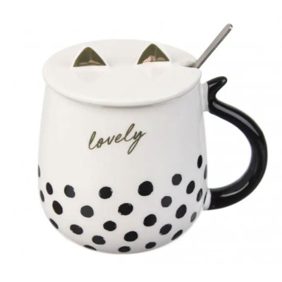 Cana ceramica cu capac si lingurita Pufo Lovely pentru cafea sau ceai, 450 ml, alb foto