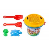 Set Nisip TechnoK, Galeata cu Autocolant, Lopata, Grebla, Sita, 2 Forme, Jucarii Nisip, 27.5x20x17 cm