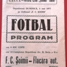 Program meci fotbal FC "SOIMII" SIBIU - "FLACARA" MORENI (08.05.1977)