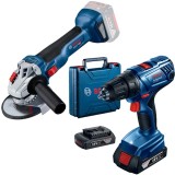 Bosch GWS 18V-10 + GSR 180-LI - Polizor unghiular 125 mm + Masina de gaurit si insurubat cu 2 acumulatori Li-Ion 18 V 2 Ah 54 Nm valiza plastic