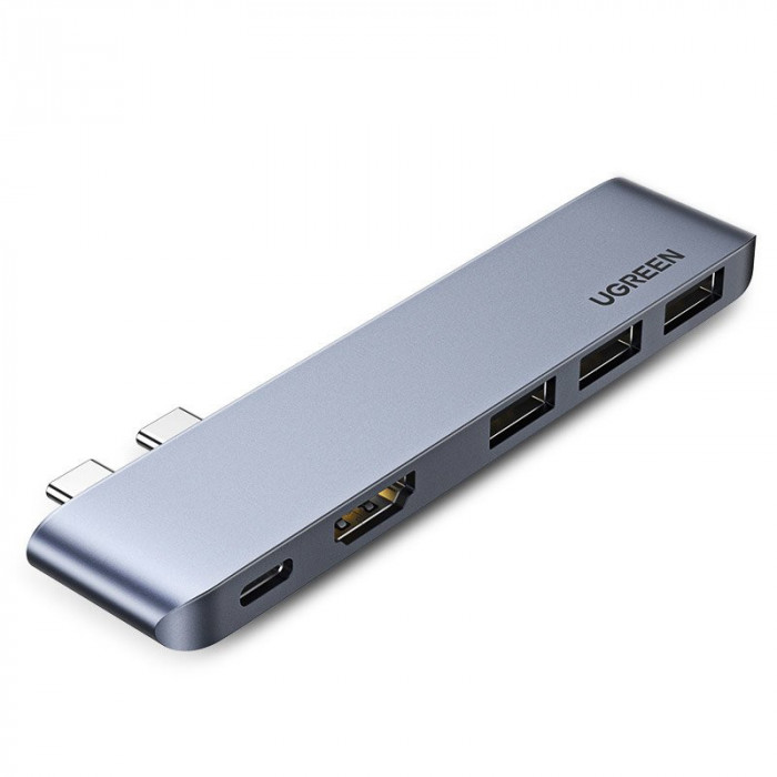 HUB Multifuncțional Ugreen 2x USB Type C La USB Type C PD (Thunderbolt 3, 100W, 4K @ 60 Hz, 10 Gbps) / HDMI 4K @ 30 Hz / 3x USB 3.0 Pentru MacBook Pro