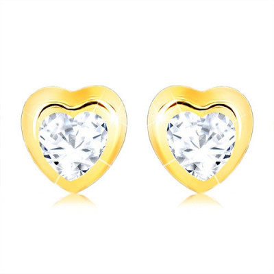 Cercei din aur 375 - contur lucios de inimă simetrică, zirconiu transparent foto