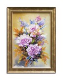 Buchet vibrant cu trandafiri roz, tablou pictat manual inramat, 40x30cm ulei pe panza, Mircea Iordache