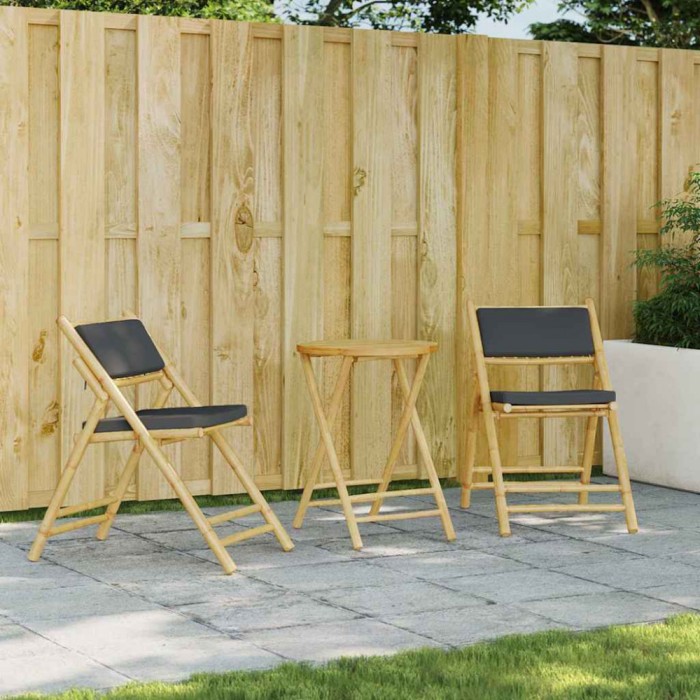 vidaXL Set de bistro pliabil, 3 piese, cu perne gri &icirc;nchis, bambus 3208940