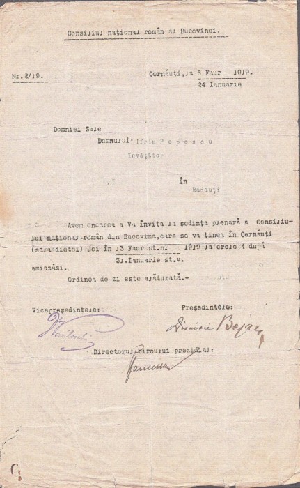 A4028N Consiliul Național Rom&acirc;n al Bucovinei, semnătura olografă a președintelui său, Dionisie Bejan, 1919, Cernăuți